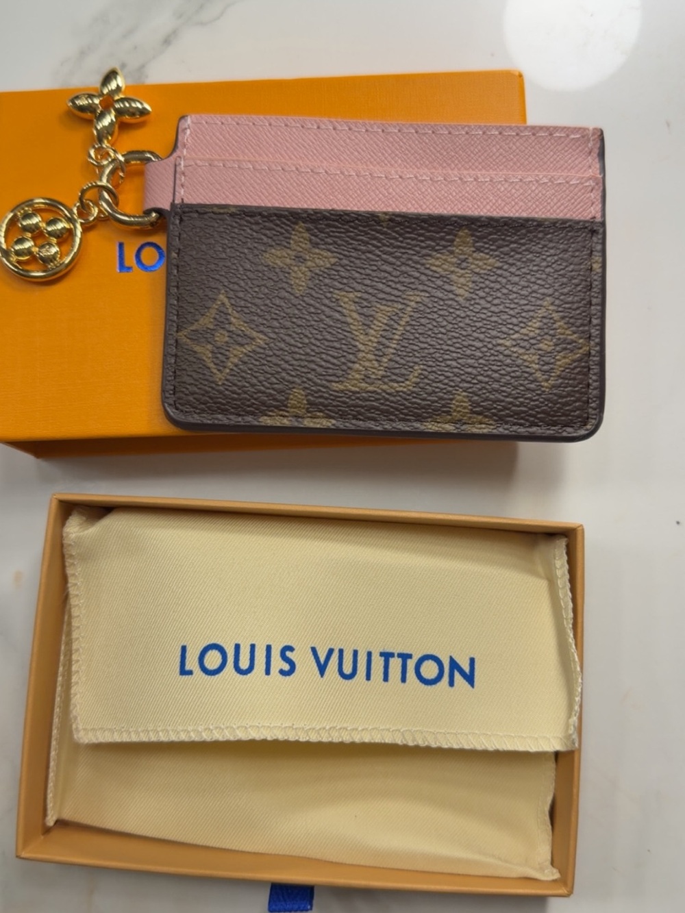 Louis Vuitton Brown Monogram & Pink Card Holder with Gold Charm - Picture 3 of 6